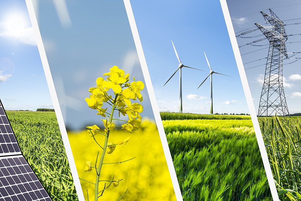 Kollage aus Bildern, die Photovoltaik-Anlage, Windkraftanlagen und Strommastern zeigen, die bei sonnigem Wetter in ländlichen Regionen stehen.