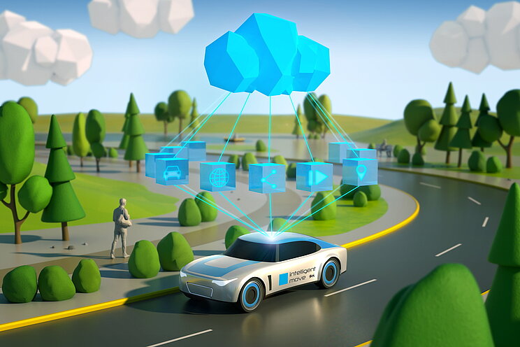 3D-Rendering einer Straße mit einem Fahrzeug. Auf dem Fahrzeug steht "Intelligent Move", darüber ist eine blaue Wolke mit verschiedenen Icons zu digitalen Diensten.