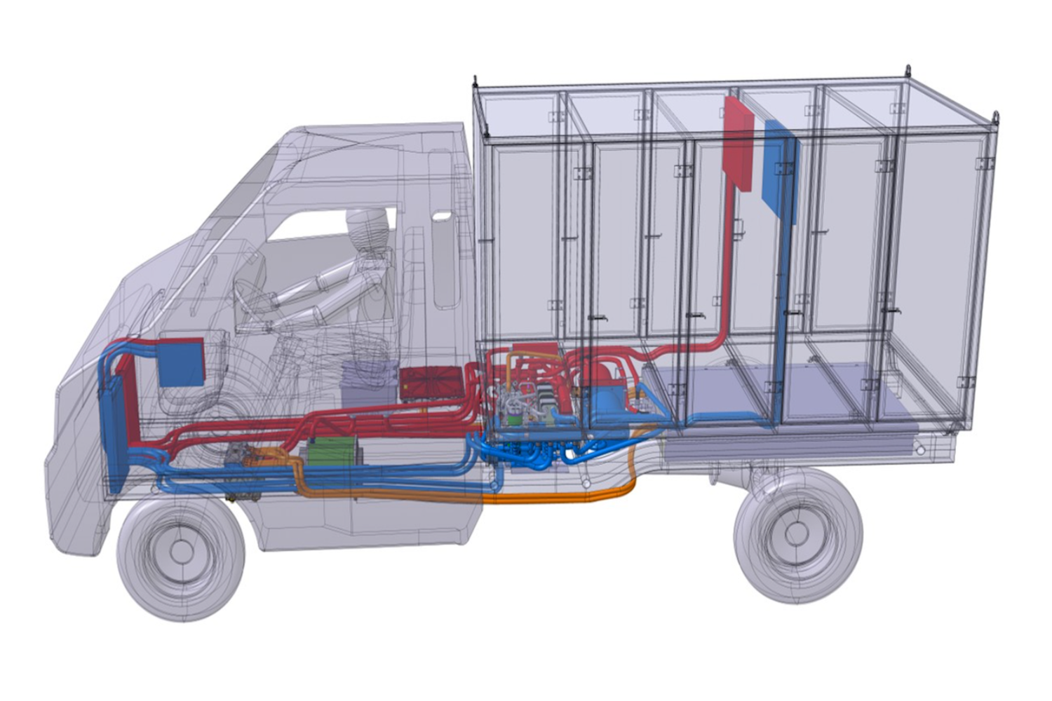 Ein halbdurchsichtiger, gezeichneter Transporter bei dem das Thermomanagementsystem farbig gekennzeichnet ist.