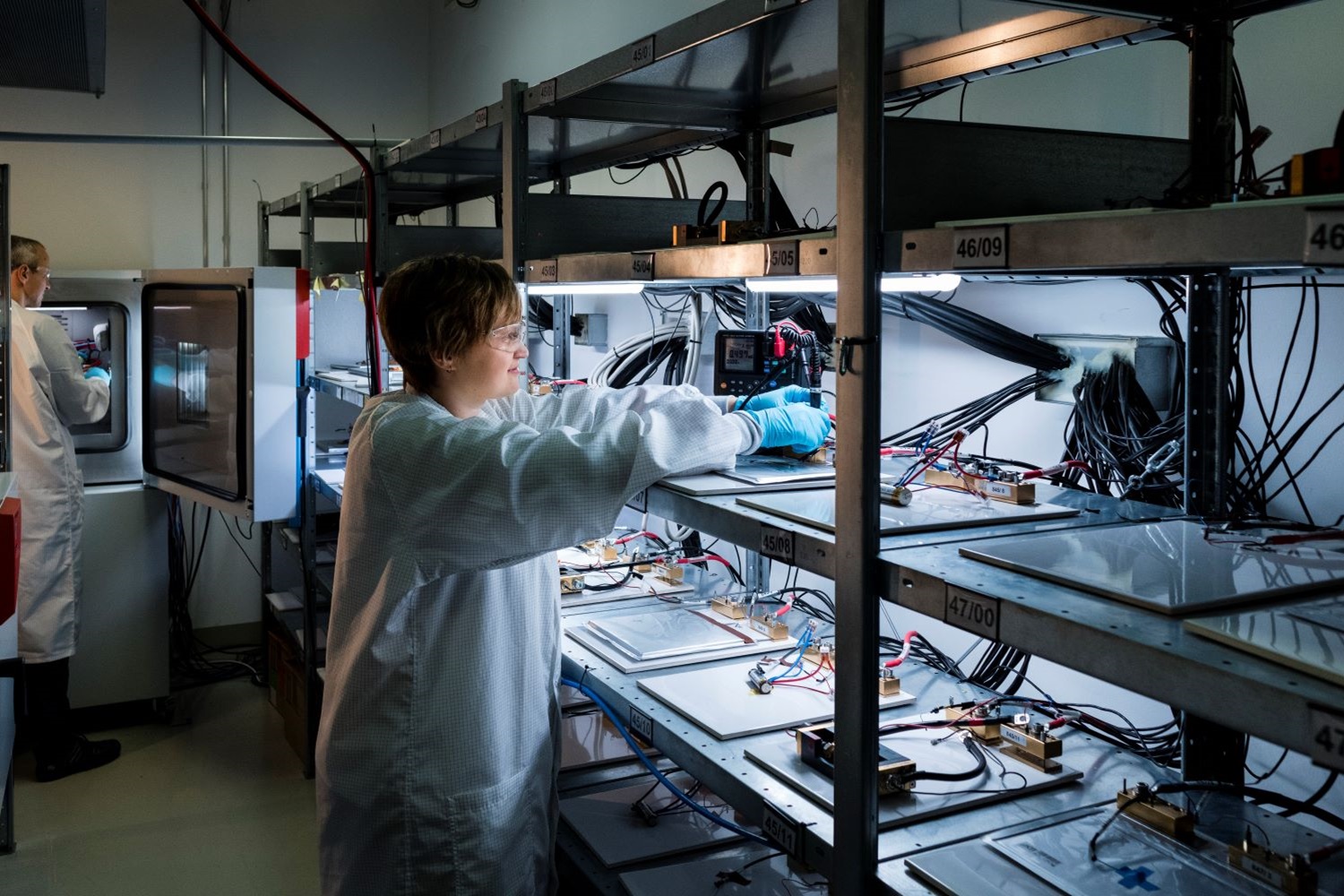 Woman works in laboratory for battery cell production | cell development, analytics, characterisation